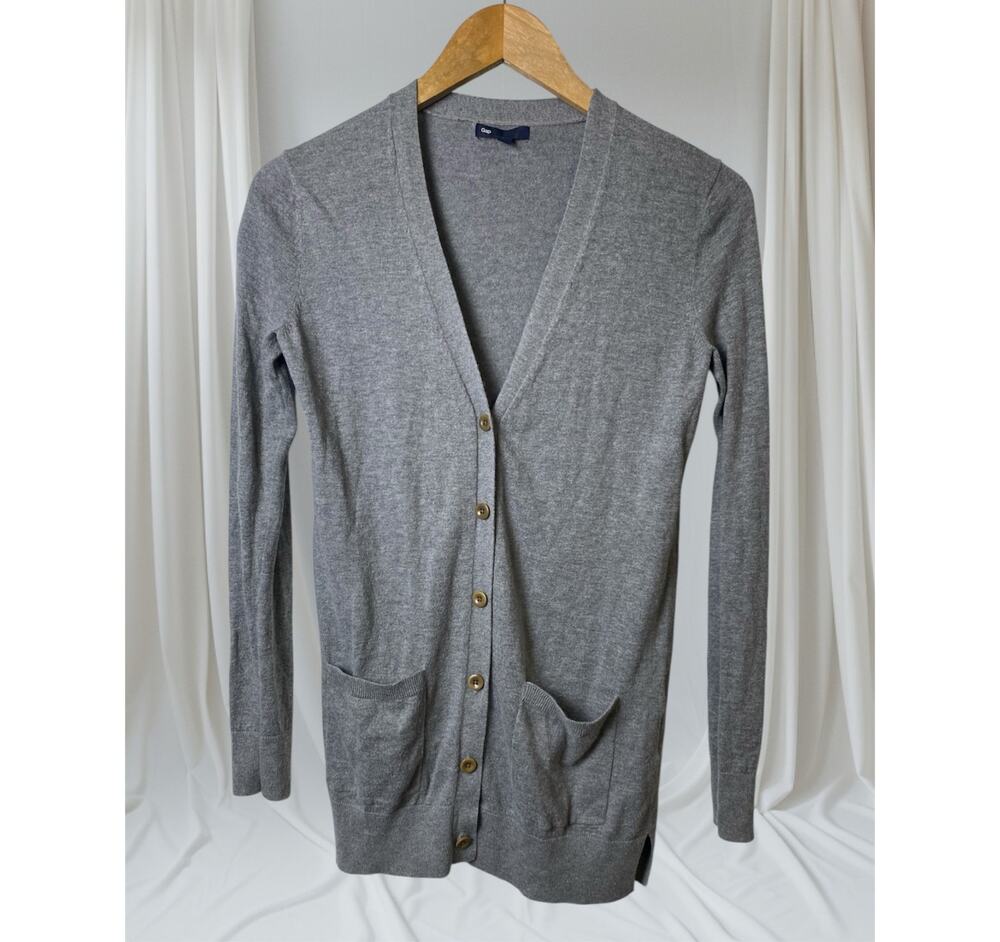 Gap Gray Long V-Neck Button Front Long Sleeve Pocketed Cardigan Women's Size XS